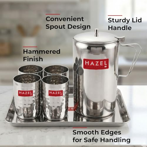 Image of HAZEL Stainless Steel Drinkware Set of 6 | Water Jug with Lid 1800ml, 4pc Hammered-Style Glasses 350ml & Serving Tray | Shiny Finish Tableware Combo for Home & Office Use