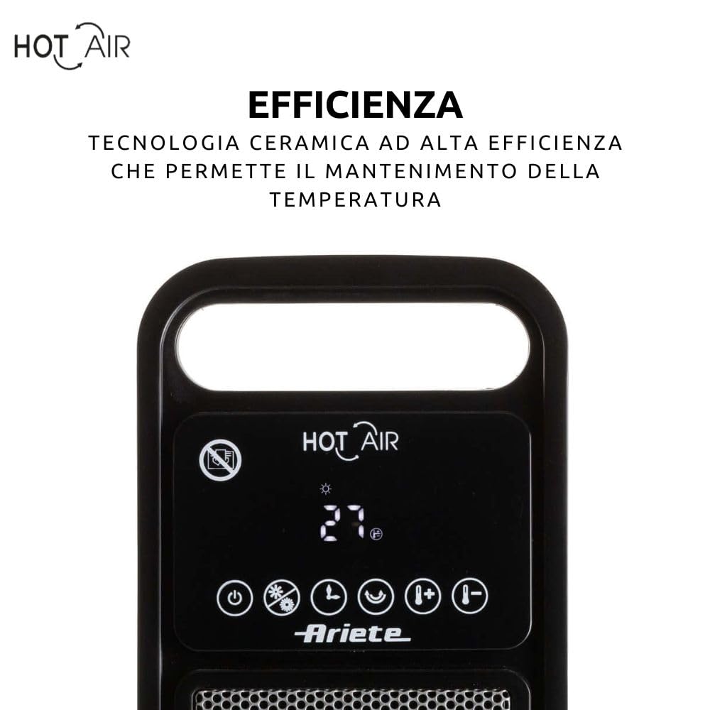 Ariete 8212 Stufa elettrica a torre, 2000W, Funzione ventilazione, Funzione oscillazione, Timer fino a 8 ore, Led display, Tecnologia ceramica, Basso consumo energetico, Nero
