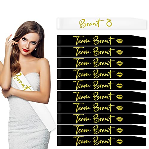 11 EVJF Echarpes,1 Bride to be Écharpe + 10 Team Bride Echarpe Enterrement de Vie de Jeune Fille Accessoires de fête de Nuit Mariage(Blanc,Noir) Cover