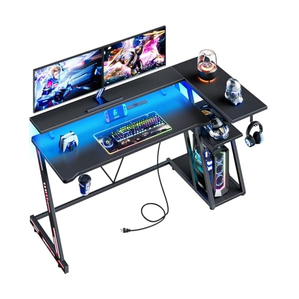 Reversible Gaming Desk with Power Outlet & LED Lights, Corner Computer Desk with 3 Tiers Storage Shelves, Home Office Desk with Monitor Stand for Small Space, 47 Inch Carbon Fiber Black