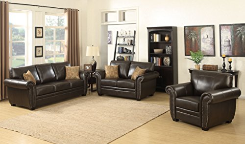 Ac Pacific Louis Collection Traditional 3-Piece Upholstered Leather Living Room Sectional With Antique Nail Head Trim And 2 Accent Pillows, Brown #TOP18