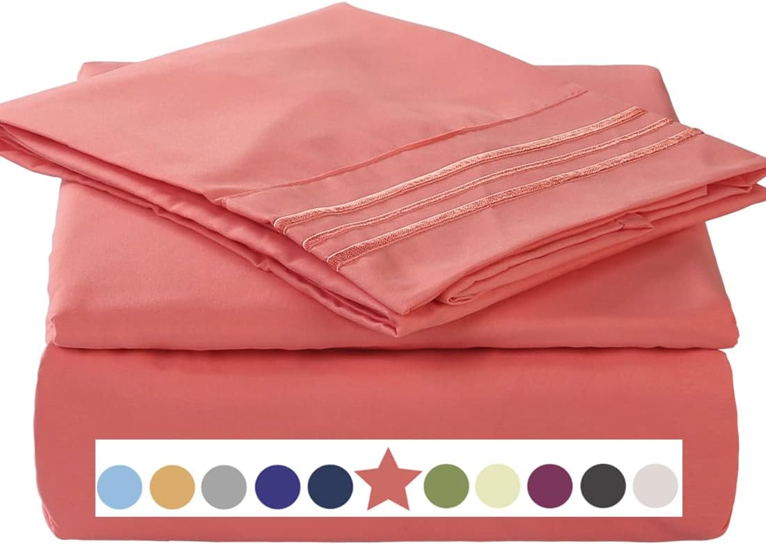 TEKAMON Premium 4 Piece Bed Sheet Set 1800TC Bedding 100% Microfiber Polyester - Super Soft, Warm, Breathable, Cooling, Wrinkle Free - 10-16" Extra Deep Pockets, King, Coral