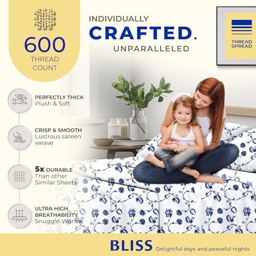 THREAD SPREAD 100% Egyptian Cotton Printed Bed Sheets - 600 Thread Count 4 PC Queen Sheet Set, Hotel Luxury Sateen Bedsheets, 16" Deep Pocket Soft Cooling Sheets for Queen Size Bed - Floral Blue - Thumbnail 3