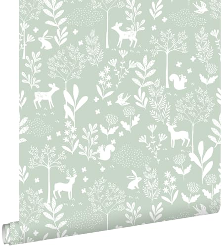 Esta Home papel pintado bosque con animales del bosque menta verde 53 cm x 10.05 m