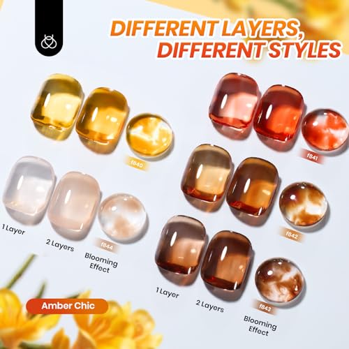 Image of Beetles Gel Nail Polish Set - Amber Chic Jelly Gel Polish with Blooming Gel for Marble Effects, 6 Colors Yellow Red Brown Gray Translucent Soak Off UV LED Nail Art