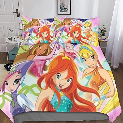 Glamifirsto Housse De Couette Winx Club Beauty, Parure De Magical Beauty,Enfant Motif 3D Housse Couette avec Fermeture Éclair- Sets De Housse Couette avec Taies d'oreiller,Double（200x200cm）