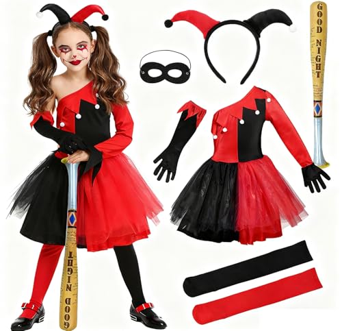 GEEKEO Disfraz Carnaval Niña 3 12 Años, Disfraz Quinn Niña Clown Vestido Costume, Disfraces Halloween Niñas, 5 piezas Disfraces Payaso Cosplay para Niñas Cumpleaños Halloween Cosplay Fiesta