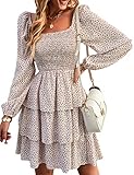 BTFBM Women's Long Sleeve Dresses Summer Spring Square Neck Smocked Floral Wedding Party Ruffle Casual Vacation Dress(Floral White Red, Medium)