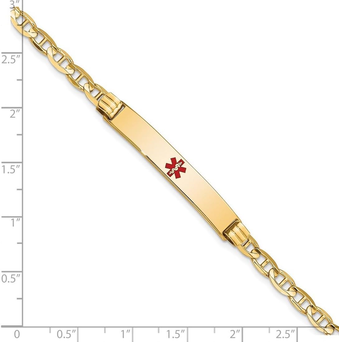 JewelryWeb 6.5mm 14k Solid Yellow Gold Medical Red Enamel Nautical Ship Mariner Anchor Link ID Bracelet Identification Bracelet for Women