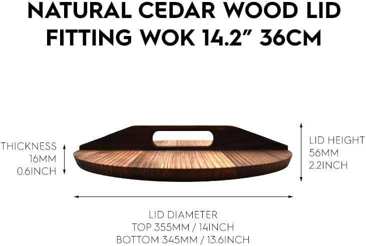 1 Pack Solid Wood Wok Lid Pot Cover (Lid 14" 355mm / Fitting Wok 14.2" 36cm), Natural Atlas Cedar Wood Lightweight Handcraft with Large Ergonomic Handle