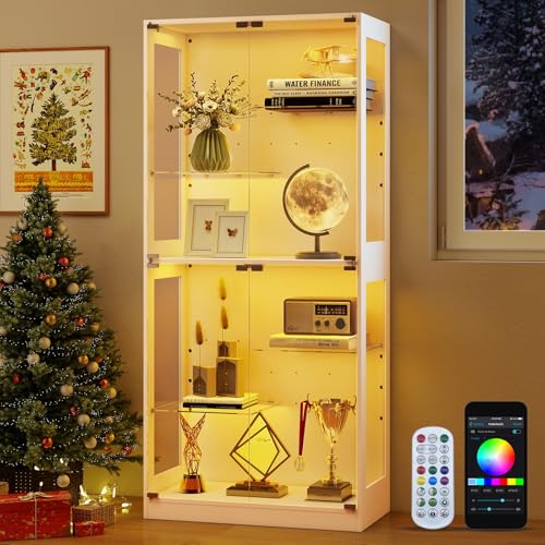 Lamtor Glasvitrinen Stehend mit LED Beleuchtung – 175 cm Glas Vitrinenschrank Wohnzimmer, Vitrine mit Verstellbares Regal, APP & Remote Control 6000+RGB (Weiß)