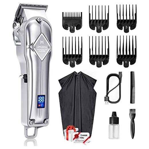 Limural Hair Clippers for Men Professional - Cordless Barber Clippers for Hair Cutting & Grooming, Rechargeable Beard Trimmer with Large LED Display & Silver Metal Casing