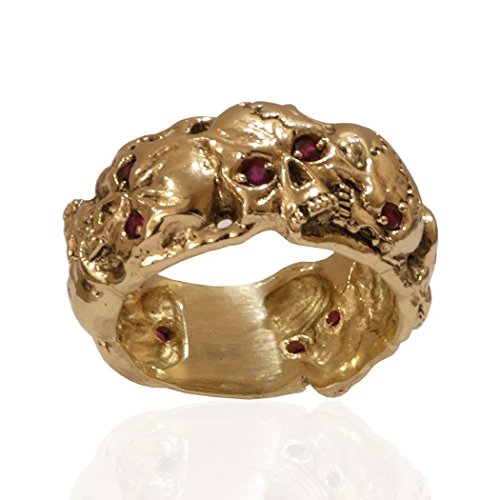 Masonic Memento Mori 10K Gold Skull Band Men’s Ring, Ruby Color Stones #TOP7
