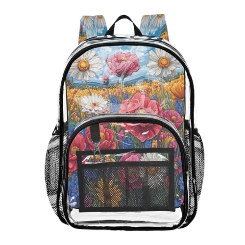 Colorful Wildflowers Clear Backpack - Stadium Approved Large 15.7-inch Waterproof Transparent Bag for Sports, Concerts, Work, Travel#190