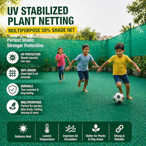Image of Green Shade Net, 50% UV Sun Protection, for Terrace, Garden, Green House, Balcony, & Gardening Multipurpose Agro Netting (10x4 feet)