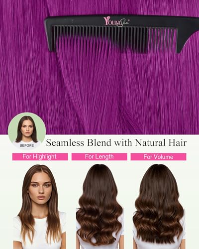 Image of YoungSee Hair Extensions Tape in Purple, Tape in Extensions Human Hair Colored, Tape Extension, Blend Naturally with Your Natural Hair, 25g 10pcs 20 Inch, for Girls