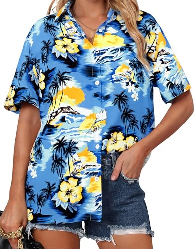 Image of ASTANFY Hawaiian Shirt Women Hawaii T-Shirt Tropical Floral Printed V Neck Shirts Soft Cool Summer Beach Button Up Blouse