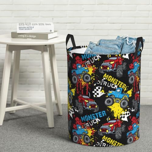 Image of Laundry Basket Monster Truck Room Decor,Round Laundry Hamper Waterproof Dirty Clothes Hamper Collapsible Laundry Baskets With Handles,Toy /Clothes Storage Basket For Home Dorm Bathroom Decor
