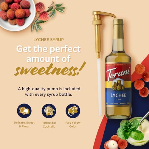 Image of Torani Lychee Syrup for Drinks, Flavoring for Iced Tea, Sodas, and Cocktails, Glass Bottle with Pump Included, 25.4 Fl Oz