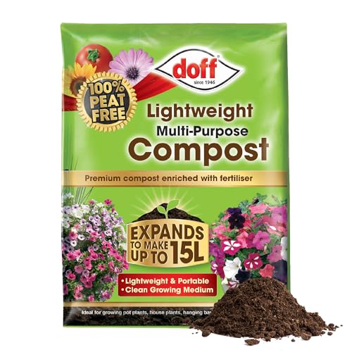 Doff Lightweight Multipurpose Compost– Expands 15L Peat-Free for Clean Re-Usable Gardening – Contains Nutrient & Retains Moisture – Coco Coir Compost Enriched with Fertiliser – Indoor & Outdoor Plants