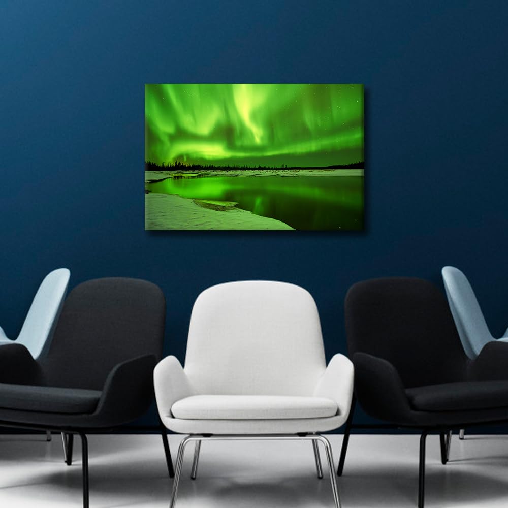 TISHIRON Green Aurora Borealis Wall Art Natural Landscape Pictures Print On Canvas Alaska Modern Artwork Wall Art for Living Room Office Giclee Gallery Wrapped Posters Framed Ready to Hang - Image 2