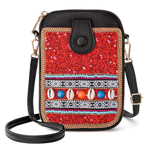 Image of Women's Small Crossbody Cell Phone Bag, Boho Colorful Beaded Purse Wallet with Handmade Cute Patterns