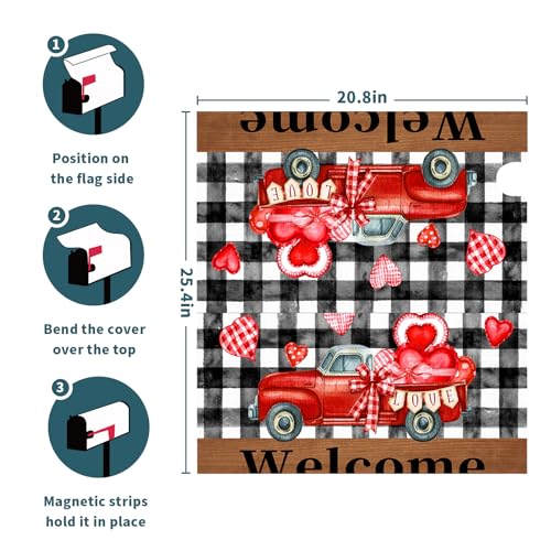 Image of Valentine's Day Mailbox Covers Magnetic Black and White Buffalo Plaid Heart Mailbox Cover Standard Size 25.5 x 21 Holiday Welcome Mailbox Wrap Post Letter Box Cover Decorative for Home Outdoor Garden