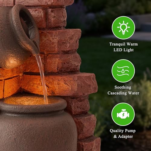 Image of Earthenware Jar Outdoor Water Fountain, Resin & LED Light, 26 in