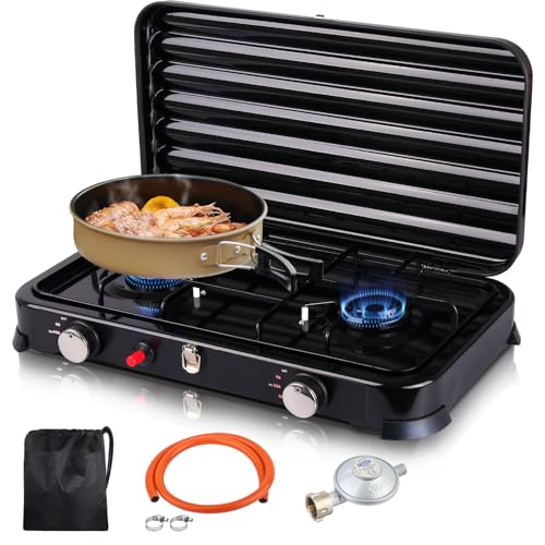 Hornillo de camping de 2 fuegos, 2,2 kW, hornillo de gas LPG para camping con tapa, encendido automático, manguera y regulador de presión de gas de 50 mbar, placa de gas portátil, incluye bolsa de