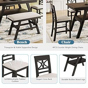 6 piece rustic counter height dining table set rustic style with storage shelf bench and 4 chairs  urban country home decor