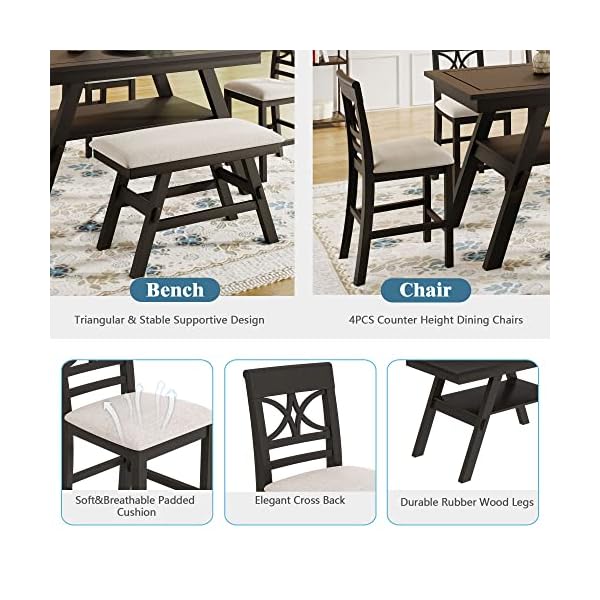 6 piece rustic counter height dining table set rustic style with storage shelf bench and 4 chairs  urban country home decor