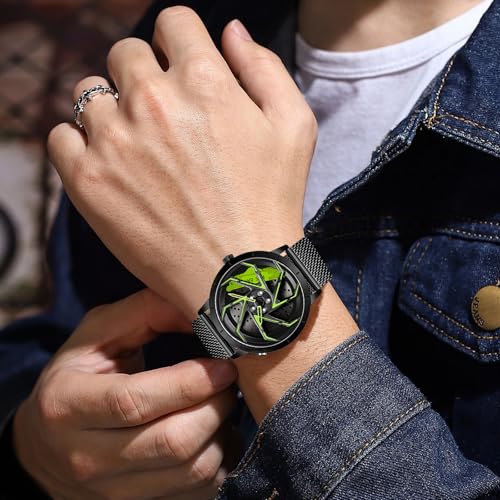 Image of FANMIS Men's Racing Car Wheel Watch 3D Spinning Dial Stainless Steel Watch | Creative 3D Spinning Car Quartz Large Skeleton Face and 30M Water Resistance Designed for Car Fans and Daily Wear.