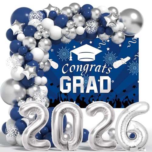 Graduation Decorations Class Of 2026: Navy Blue and Silver Graduation Decorations 2026 Graduation Balloons Arch Kit Congrats Grad Backdrop Party Supplies for High School & College Celebrations by LYVEEF - Used condition - US$13.58