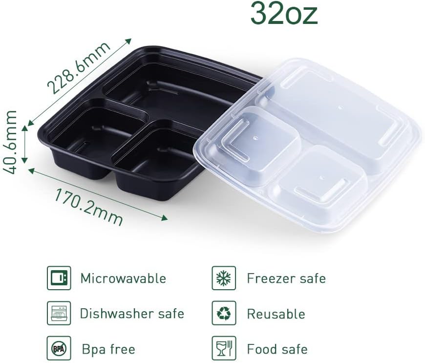 [150Pack] 32oz Meal Prep Containers, Black Plastic Container, 3 Compartment Lunch Box, Bento Box, To go Food packaging, Reuseable