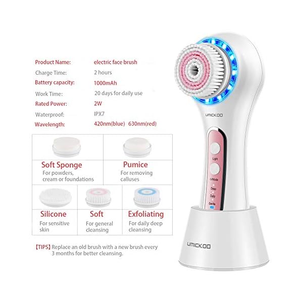 UMICKOO-Facial-Cleansing-BrushRechargeable-IPX7-Waterproof-with-5-Brush-HeadsFace-Brush-Use-for-Exfoliating-Massaging-and-Deep-Cleansing-Multi UMICKOO Face Scrubber Exfoliator,Facial Cleansing Brush Rechargeable IPX7 Waterproof with 5 Brush Heads,Electric Face Spin Brush for Exfoliating, Massaging and Deep Cleansing