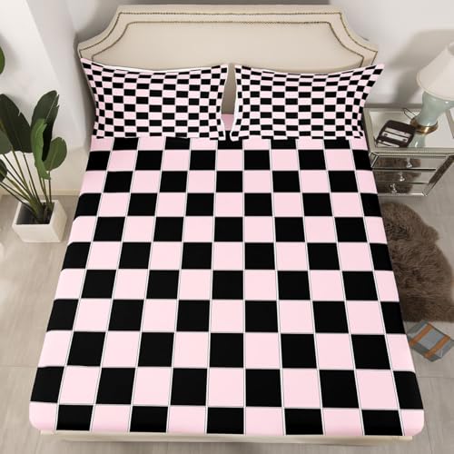 Image of Erosebridal Plaid Bed Sheets Queen Pink Black Checkerboard Sheet Set Geometric Checkered Bedding Set for Kids Boys Girls,Aesthetic Grids Fitted Flat Sheets 4 Piece