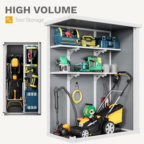 Image of DWVO 50 Cuft Outdoor Tall Storage Shed with 2 Shelves, 4.3x2x5.5ft Vertical Tool Shed with Floor & Lockable Doors, Sturdy Double-Wall Plastic Cabinet for Garbage Cans and Garden Equipment (Gray)