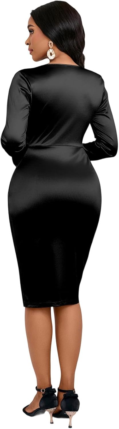 Women’s Midi Pencil Dress Bodycon V Neck Ruched Design Long Sleeve Cocktail Party Night Out Dinner Dresses - Image 2