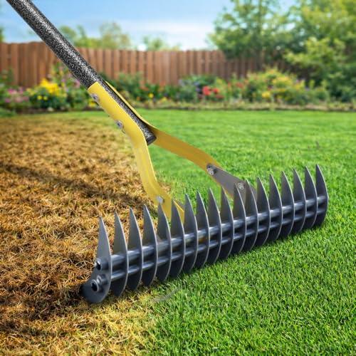 Vertikutierer Rechen mit Stiel,178cm Verstellbarer Handvertikutierer für Rasenpflege, Boden Lockern im Garten und Hof, 38cm breiter Schneidrechen zur Entfernung von Rasenfilz, Moos und Totem Gras