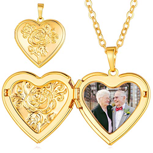 Custom4U Personalized Heart Locket Necklace with Pictures,Sunflower/Angel Wings/Heart Shaped Lockets Custom Photo,Gold/Rose Gold/White Lockets That Holds Picture,Customized Memorial Jewelry