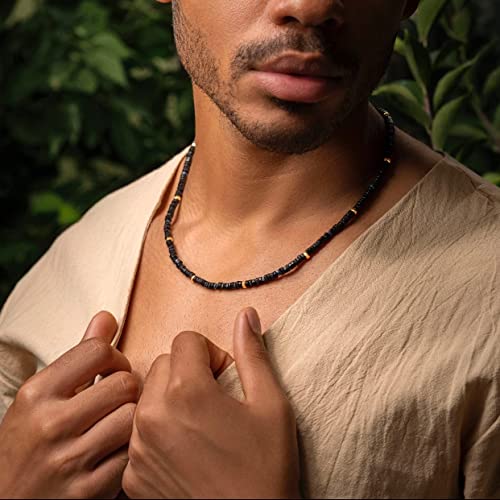 KARMA AND LUCK Spiritual Alignment - Men's Black Onyx 18K Gold Plated Brass Heishi Choker Necklace. Length: Adjustable from 17" to 19". Ready to Gift for Him. Protection Necklace for Him.2