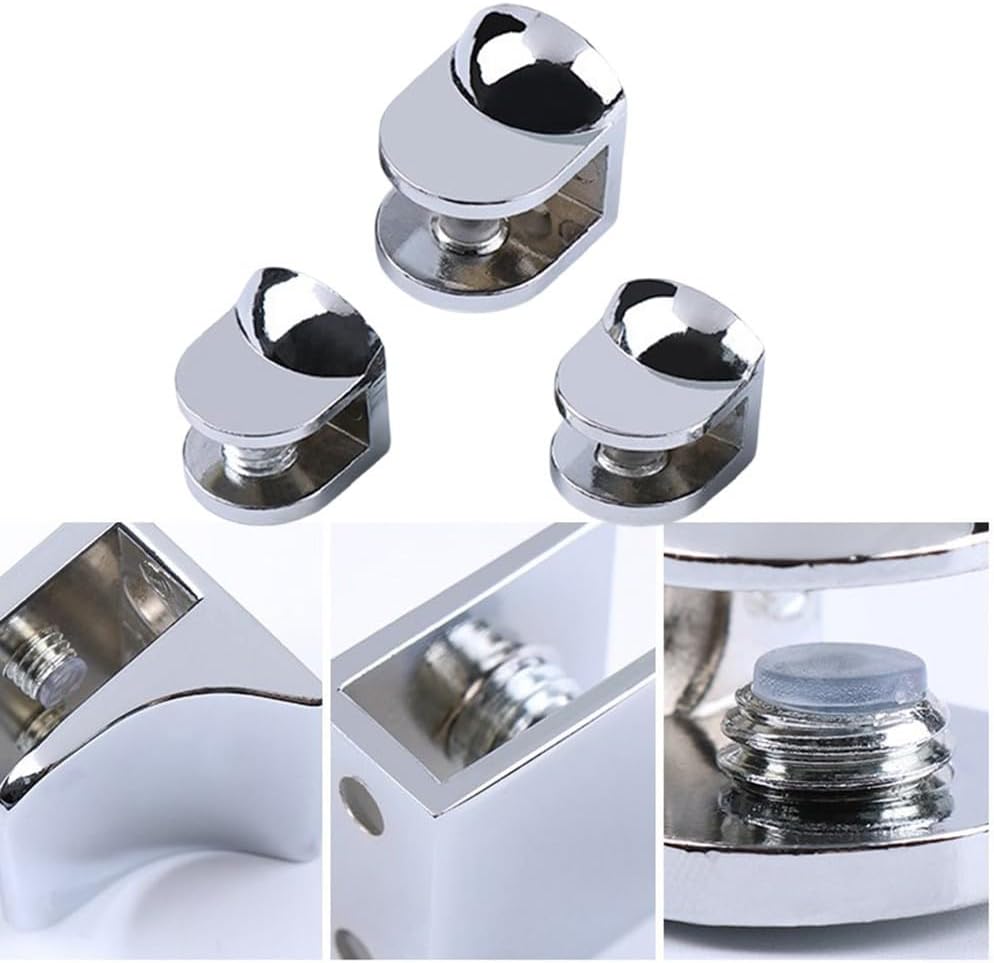 Zinc Alloy Glass Shelf Support Clip with Non-Slip Rubber Pads, Chrome-Plated Glass Clamp Bathroom, Cabinet & Display Shelves – 6-Pack(12mm)
