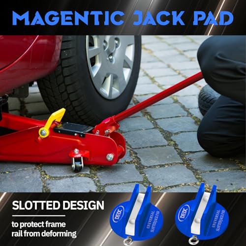Image of DEDC Universal Pinch Weld Jack Pad 2 Pcs Blue, Magnetic Aluminum Jacking Puck Frame Rail Protecotr with 2 Reminder Streamers, Garage Accessories for Mechanics