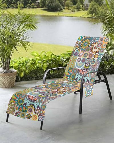 Beach Pool Patio Lounge Chaise Chair Cover Towel with Pockets,Geometric Boho Flower Absorbent & Quick Dry Microfiber Towel Cover Bag Summer Travel Accessories Tribal Ethnic Bohemian Colorful