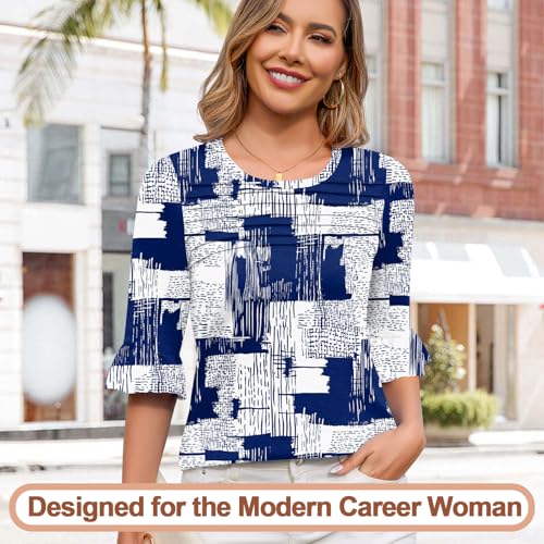 Blingfit 3/4 Length Sleeve Womens Tops Dressy Casual Shirts Ruffle Bell Sleeve Front Pleated Fasion Trendy Summer Blouses2