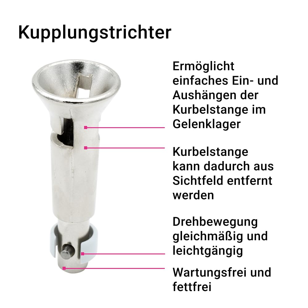 Kupplungstrichter | für 12mm Verbindungszapfen | auf Wunsch inkl. Kurbelstange aus Alu | Verbindungsstück Kurbel Kurbelverbindung | wartungs- & fettfrei (Kupplung & 120cm Kurbelstange silber)