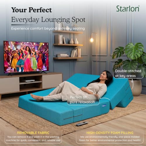 Image of Starlon 1 Seater Sofa Cum Bed Foldable 3-in-1 Sofa Bed with 1 Year Warranty, Washable Jute Fabric Cover | Aqua Teal 3x6 Ft