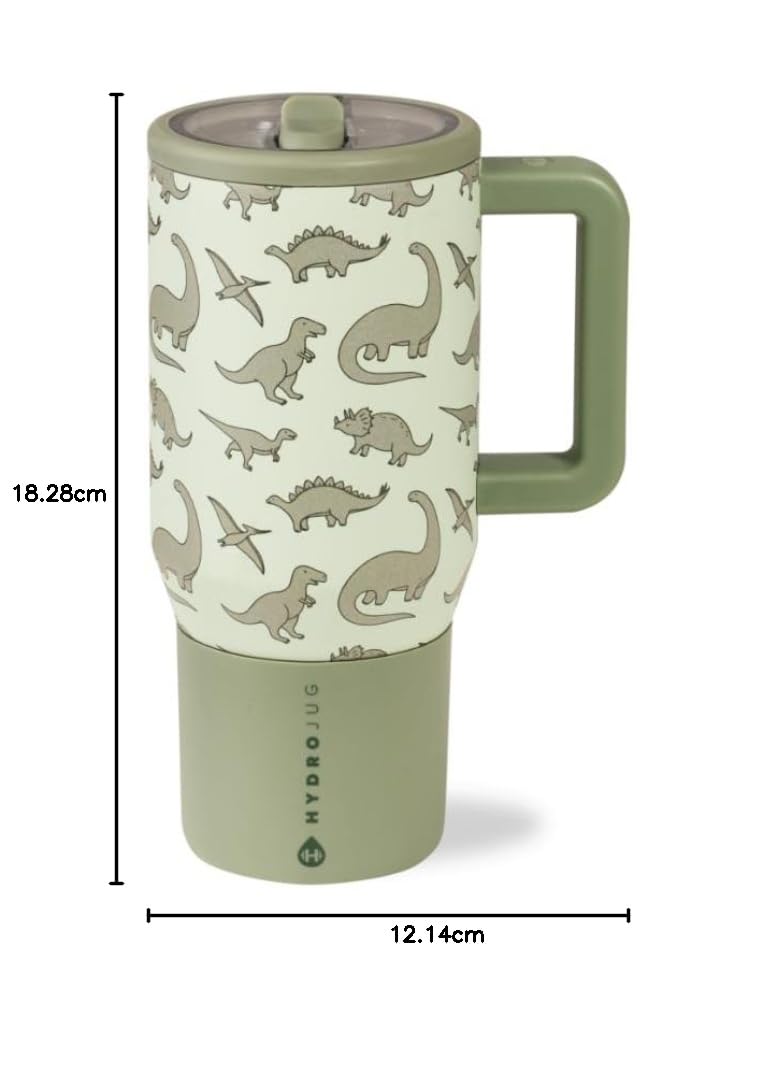 HydroJug Isolierte Kinder-Wasserflasche mit Klapp-Trinkhalm und Griff, auslaufsicher und langlebig, perfekt für Schule, Sport, Mittagessen, Reisen und Camping, Dinosaurier, 590 ml