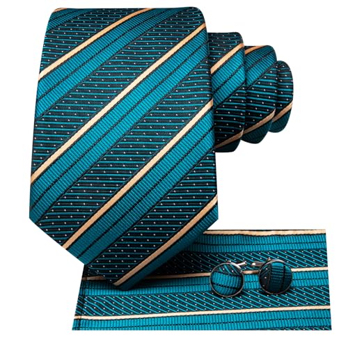 Image of Hi-Tie Silk Ties for Men Plaid Paisley Striped Necktie Pocket Square Cufflinks Set Formal Business