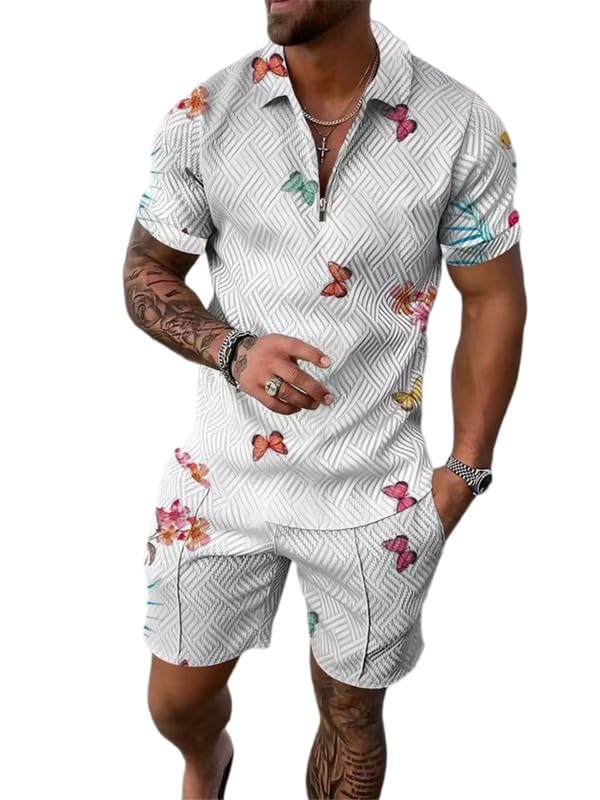 Ensemble polo homme anti transpirant short léger tissu texturé fleuri rose